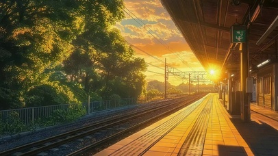 绿色火车站台夕阳黄昏