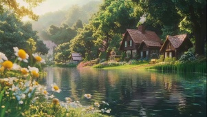 清新夏日雏菊湖畔小镇