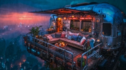 未来雨夜城市空中小屋