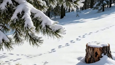 阳光冬日积雪松林