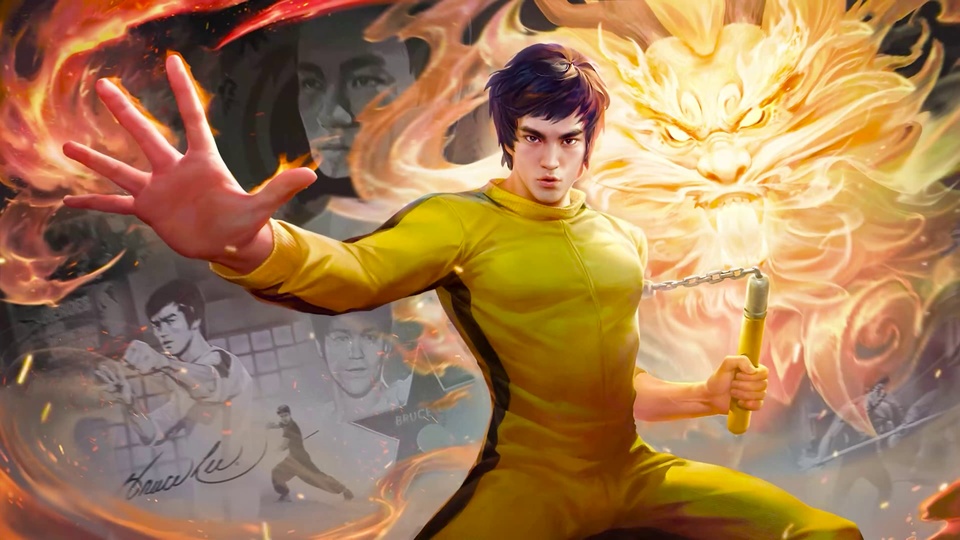 黄衣武师摆出武术起手姿势，手持双截棍，身后环绕火焰构成的金色龙形虚影，层叠叠加黑白老照片、武术动作小图与手写签名纹样，背景为深紫色渐变。