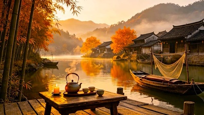 秋天湖边古镇