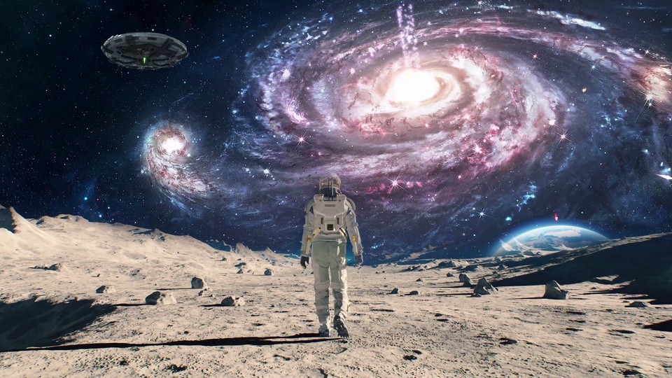 宇航员在月面望向螺旋星系