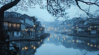 烟雨朦胧江南小镇傍晚