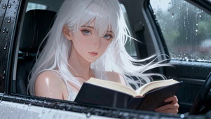 雨天车内看书白发治愈系少女