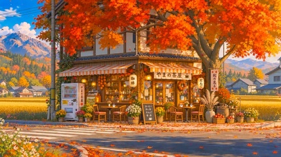 唯美落叶路边小店