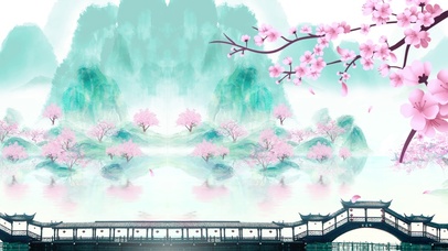 桥廊山水中国风水墨画唯美