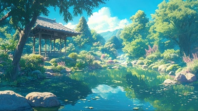 清新绿色庭院湖泊