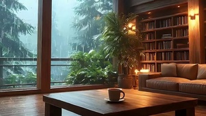 室内窗外雨天绿景带鱼屏