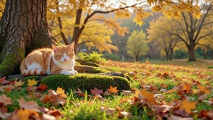 橘猫秋日树下惬意休憩