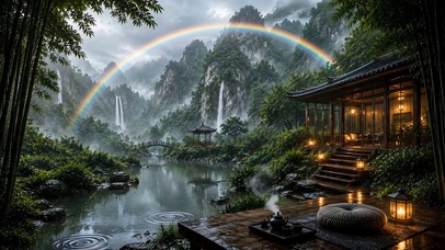国风山水湖边木屋