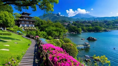 蓝天白云树木海景