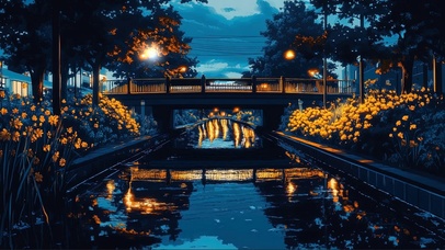 城市河岸蓝调傍晚天桥