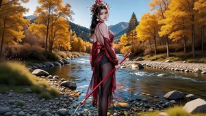 在清澈小溪旁捕鱼的红衣美女