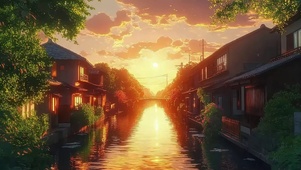 黄昏落日河岸小镇建筑