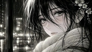 雨天窗边简约动漫女孩