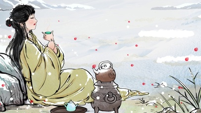 古风美女梅花树下喝茶品茗