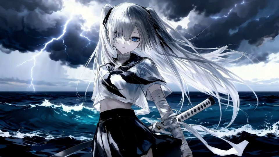 白发蓝眼的水手服少女立于浪涛海面，身后雷云翻涌闪电劈落。