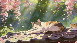 樱花树木下猫咪带鱼屏