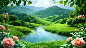 清新绿色溪流花草