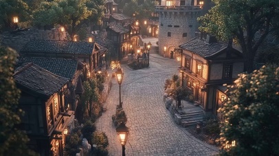 傍晚俯瞰静谧古城小镇