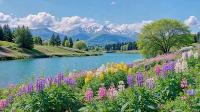 清新湖畔繁花雪山美景