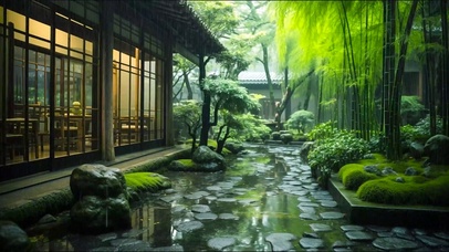雨天竹林庭院