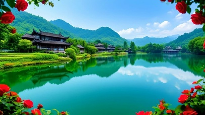 绿色护眼湖边古镇