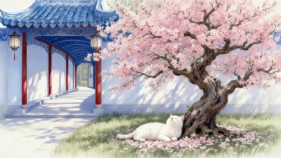 桃花树下猫咪