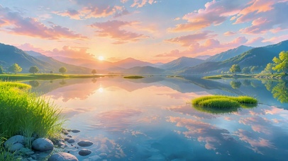 日落山湖倒影
