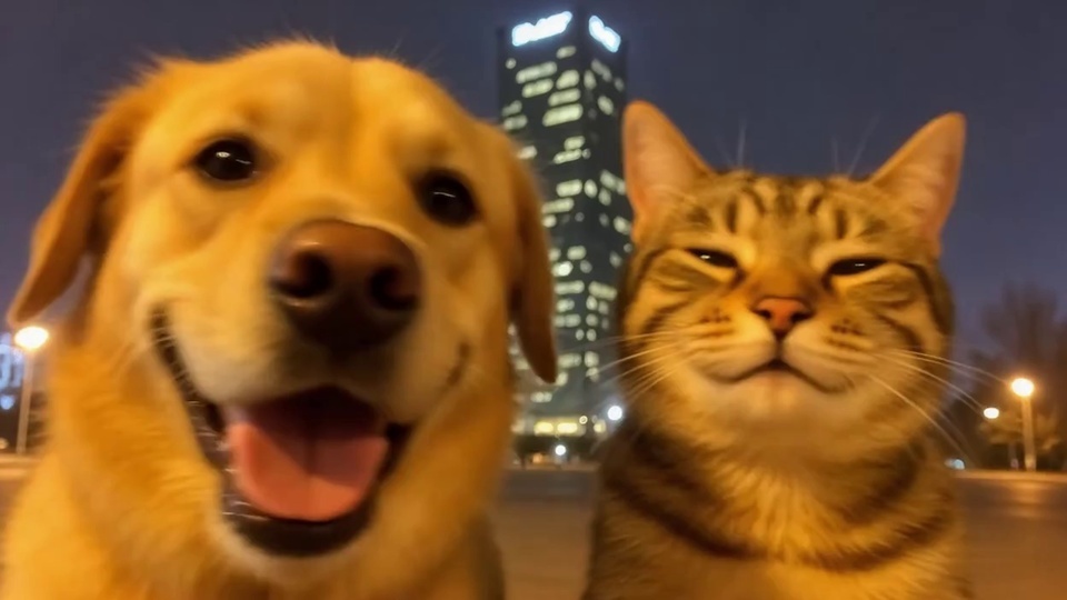 萌系画面里，浅金色犬类与虎斑猫位于城市夜景中，身后是亮灯的高楼与暖黄色路灯，夜空呈深暗紫色。