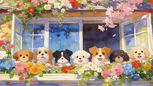 樱花树木下萌宠狗带鱼屏