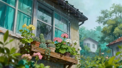 雨天窗台绿植