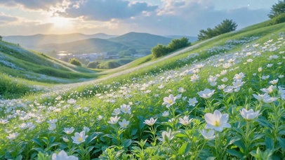 白色花田晨光山野风景