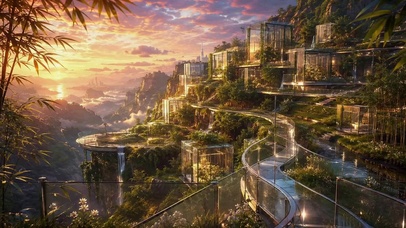 落日山间未来玻璃别墅风光