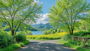 清新春日湖畔自然风景