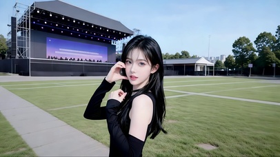 音乐节舞台观众草坪前比心的美女