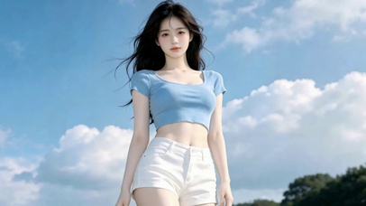 蓝天白云下甜美少女