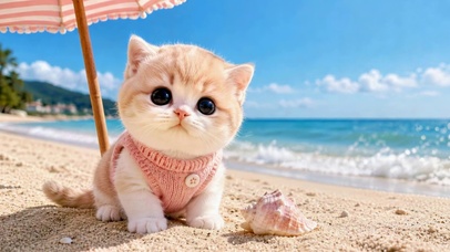 沙滩可爱奶猫治愈动态壁纸