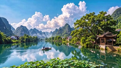 漓江晴川渔舟夏景
