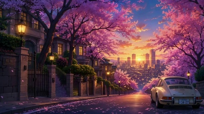 樱花街道日落都市风景