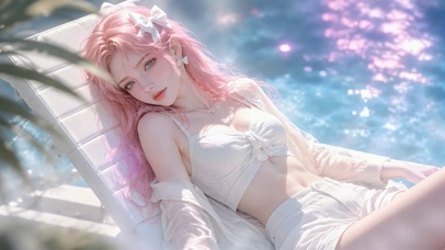 夏日泳池边的粉发少女