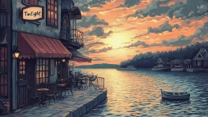 落日海边静谧城市酒馆