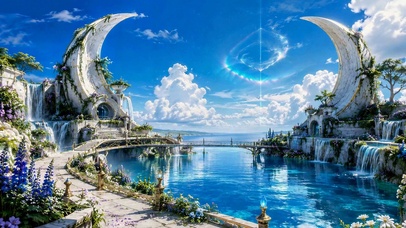 梦幻月牙蓝水仙境风景