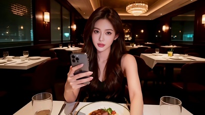 餐厅就餐拿着手机联系等待的美女