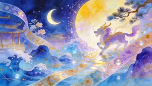 双月垂星河紫龙踏鎏金沧波