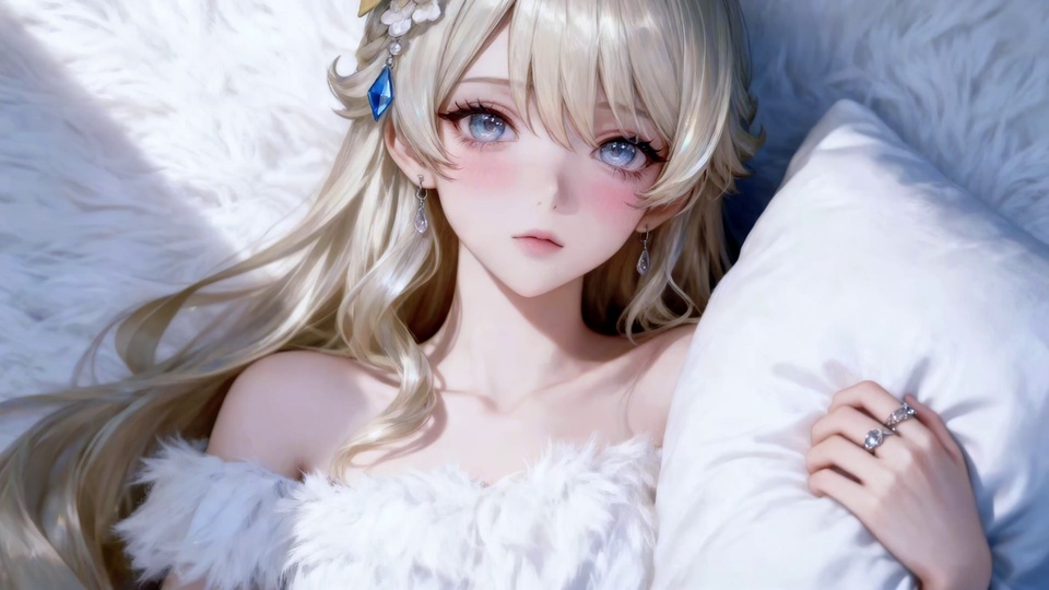 浅金长卷发蓝眼少女，发间蓝坠饰，白绒软垫白枕，粉晕脸颊，蓝白冷调。