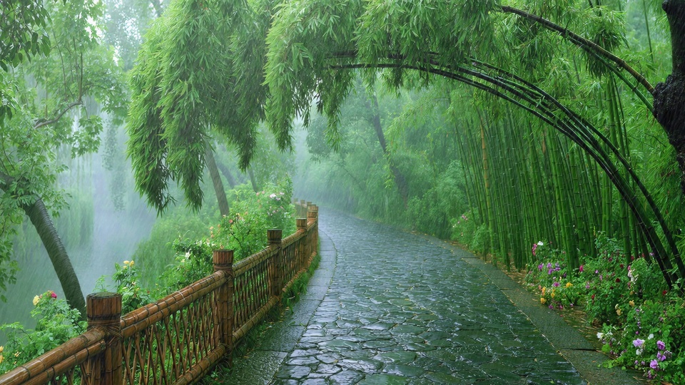 雨天竹林中延伸的青灰色石板步道，两侧立有棕褐色竹护栏，路边点缀杂色小花，翠绿色竹丛在雨雾中层次分明。