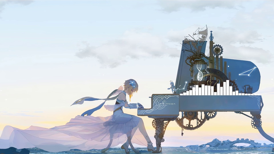 日系二次元插画，原神旅行者荧在黄昏浅海边演奏蒸汽风格大型蓝色机械钢琴，天空呈淡蓝与暖橙渐变。