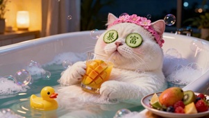 白毛猫咪泡着热水浴幻想暴富